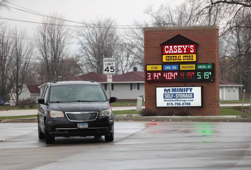 A vehicle pulls into the Casey’s on the corner of Peace Road and West Lincoln Highway Tuesday, March 31, 2026, in DeKalb.