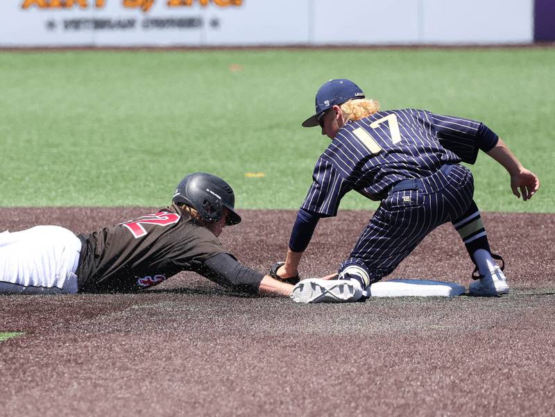 Lemont's Gio Rendina tags out Highland's Jake Ottensmeier during their Class 3A state semifinal game Friday, June 7, 2024, at Duly Health and Care Field in Joliet.