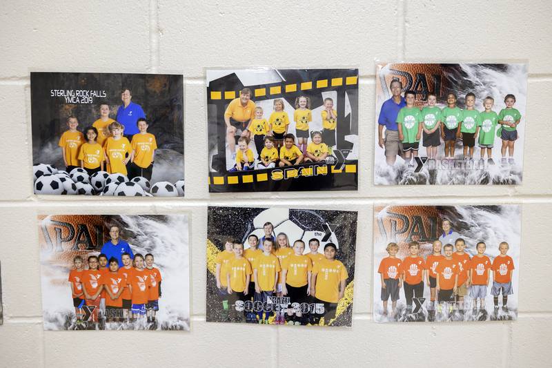Pictures showing Mortonson’s basketball and soccer teams are put on display Wednesday, Dec. 17, 2025, during her retirement party.