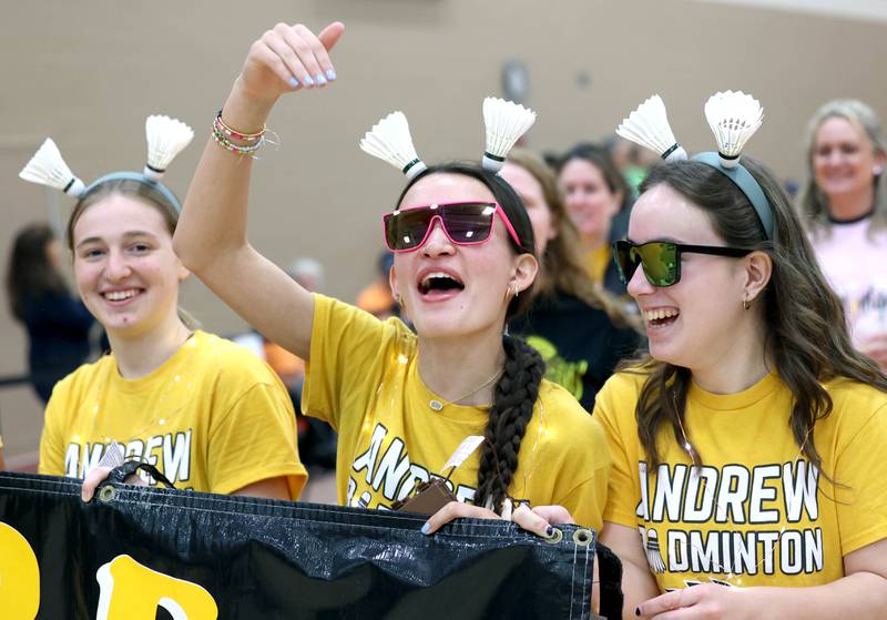 Brielle Wierzbanowski (center) a junior from the Andrew badminton team out of Tinley Park is pumped up during the parade of teams Friday, May 10, 2024, prior to the IHSA State Badminton Finals at DeKalb High School.