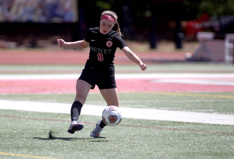 Benet’s Keira Petrucelli (9) kicks the ball during an IHSA Class 2A state semifinal game against Deerfield at North Central College in Naperville on Friday, June 3, 2022.
