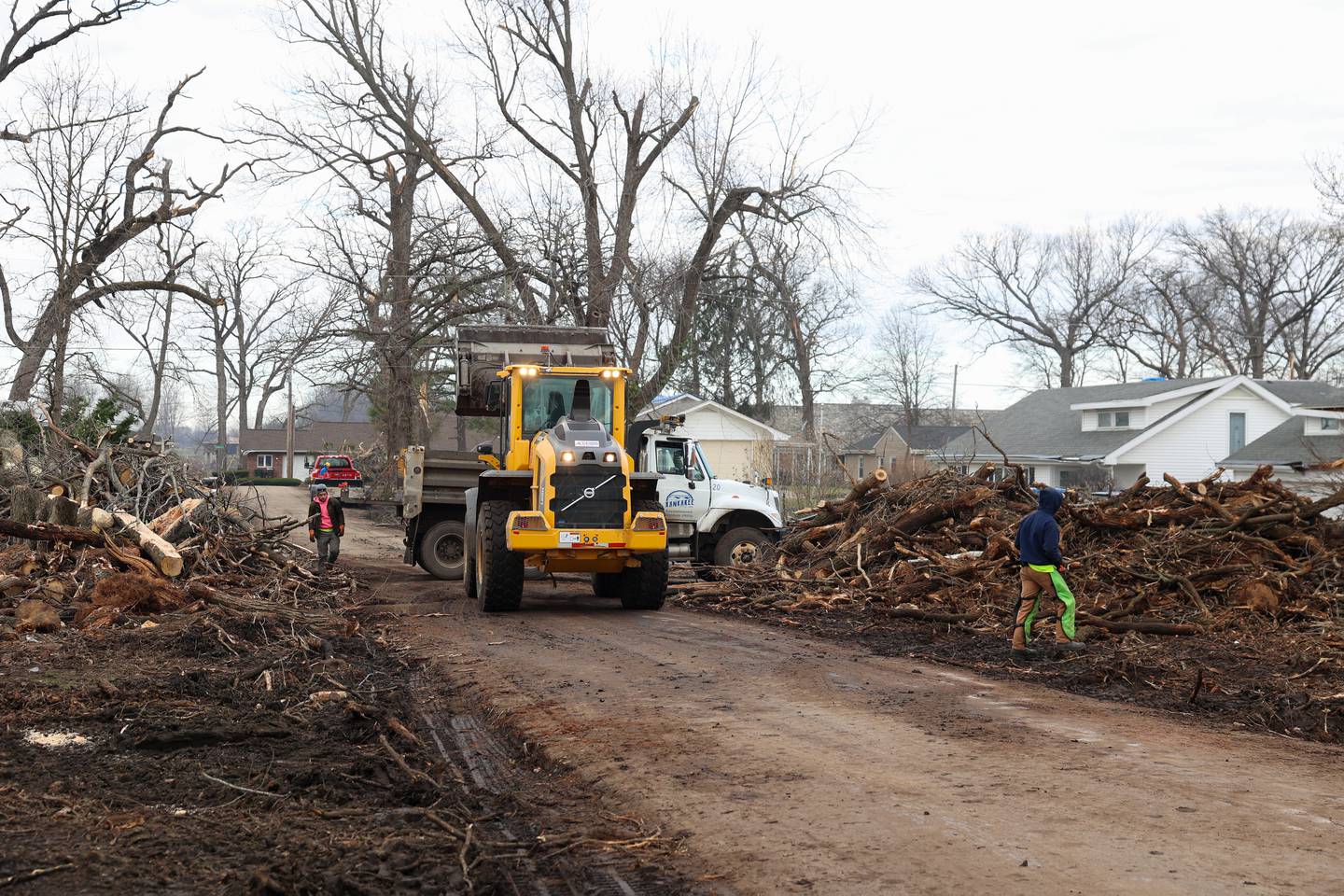 City of Kankakee workers assist with debris removal in the Oakwoods subdivision in Aroma Township on March 19, 2026 following the March 10 tornado.