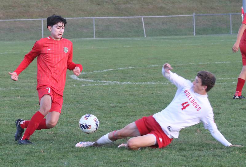Streator's Kam Darrow misses a slide tackle on L-P's Adrian Gonzalez during the Class 2A Regional semifinal game on Monday, Oct. 20, 2025 at Ottawa High School.