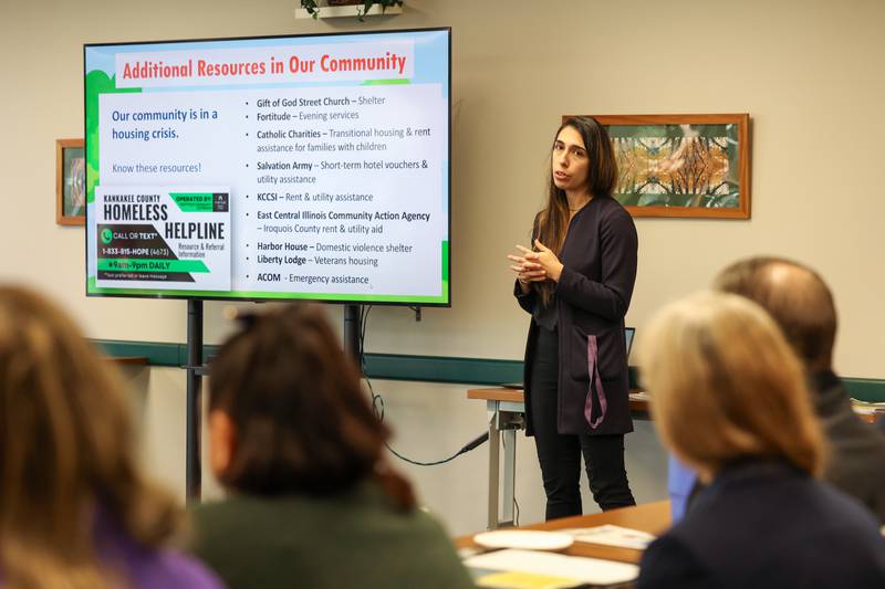 Mariah Vail, executive director of the United Way of Kankakee and Iroquois Counties, addresses attendees during the first-ever workshop introducing the Business Toolkit for Interactions with Homeless Individuals on Monday, Oct. 27, 2025. The workshop shared tools and strategies for local businesses to "treat our homeless neighbors with dignity while supporting your business and community."