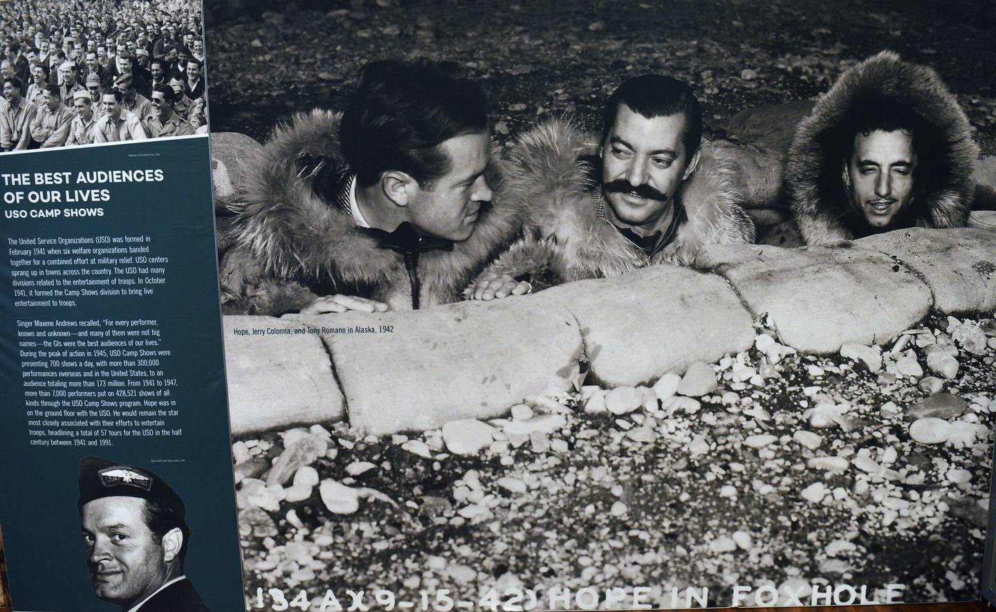 Photographs, with accompanying information about Bob Hope’s USO visits with troops are featured during a preview for the “So Ready for Laughter: The Legacy of Bob Hope” exhibit at Cantigny in Wheaton.