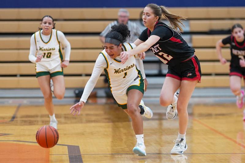 Waubonsie Valley's Arianna Garcia (1) chases down a loose ball against Benet’s Lindsay Harzich (12) during a Class 4A Oswego Sectional final basketball game at Oswego High School on Thursday, Feb 22, 2024.
