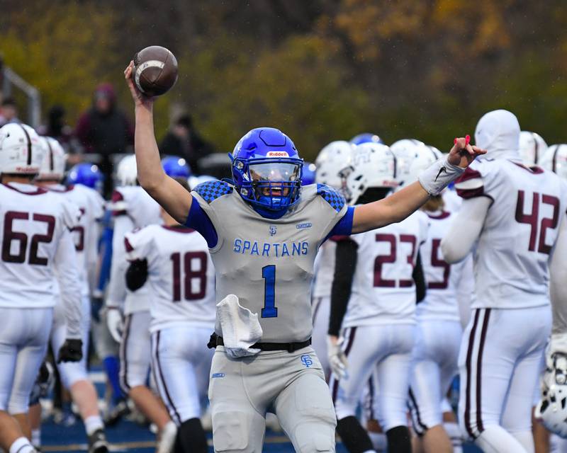 St. Francis's Brock Phillip (1) celebrates a victory over Prairie Ridge on Saturday Nov. 8, 2025, during the second round of the 5A playoff game held at St. Francis's High School.