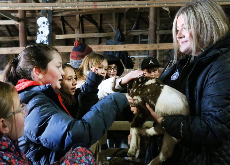 Hailey Musgrove holds a 10-day old baby kid (goat) to students from Bureau Valley School during the 29th annual Ag Fair on Thursday, March 20, 2025 at the Bureau County Fairgrounds in Princeton.