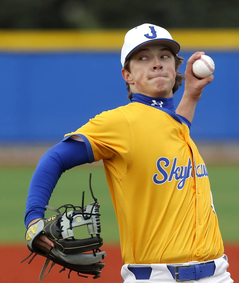 Johnsburg's Evan Pohl throws a pitch during a Kishwaukee River Conference baseball game against Marengo on Monday, April 21, 2025, at Johnsburg High School.