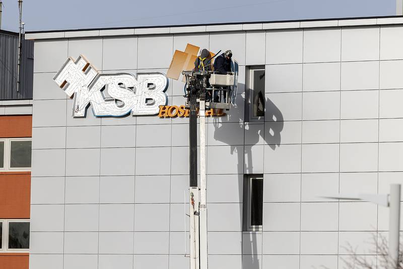 KSB Hospital signage is removed Friday, Dec. 13, 2024, months after their merger with OSF HealthCare. The Dixon hospital will be renamed OSF Saint Katharine Medical Center.