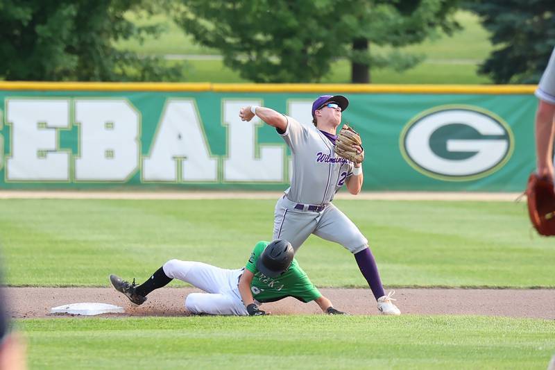 Wilmington's Lucas Rink looks to make a double play during the Wildcats' 4-0 loss to Eureka in the IHSA Class 2A Geneseo Super-Sectional on Monday, June 2, 2025.