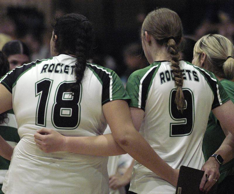 Rock Falls' Ari Reyna and Kayla Harkbarth listen to coaches instruction .Rock Falls took on Sherrard in the Class 2A regional volleyball semifinal Tuesday, Oct. 29, 2024 at Newman High School.