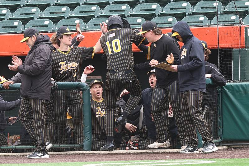 Joliet West’s Keegan Schwarting is greeted by the bench after scoring against Lockport in the WJOL Don Ladas Memorial baseball tournament championship game on Saturday, April 4, 2026 in Joliet.