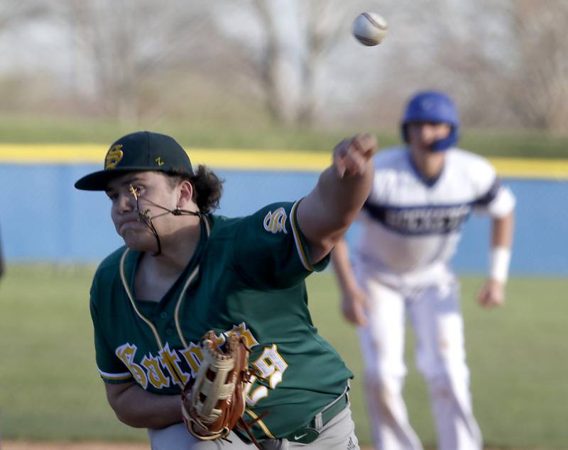 Crystal Lake South's Devin DeLoach throws a pitch during a Fox Valley Conference baseball game against Burlington Central on Friday, April 12, 2024, at Burlington Central High School.