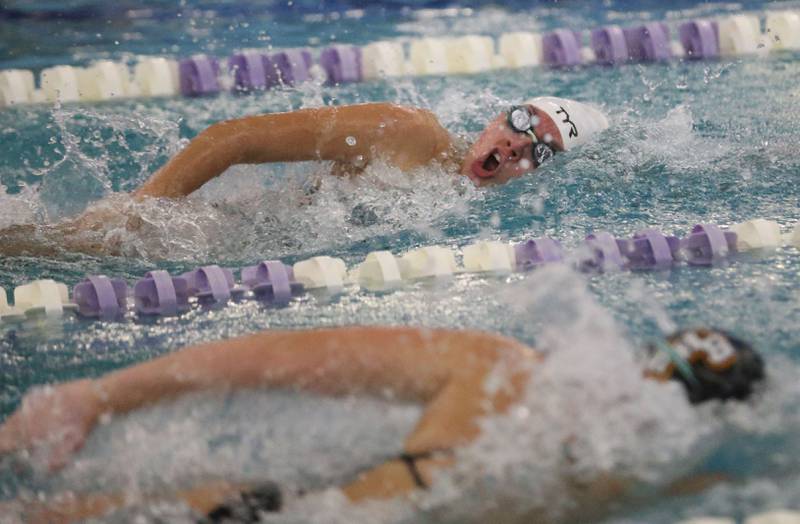 L-P co-op's Finley Jobst competes in the 400 yard relay during a swim meet on Wednesday, Sept. 24, 2025 at the Illinois Valley YMCS in Peru.