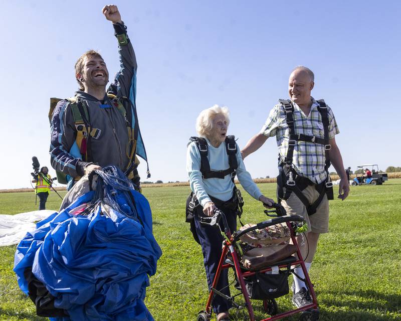 Tandem instructor Derek Baxter celebrates the new official record for the oldest person to skydive, which was set by Dorothy Hoffner at Skydive Chicago on October 1, 2023.