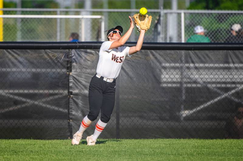 Lincoln-Way West's Reese Cusack catches a fly ball during  a game against Plainfield Central on Friday May 3, 2024 at Lincoln-Way West in New Lenox