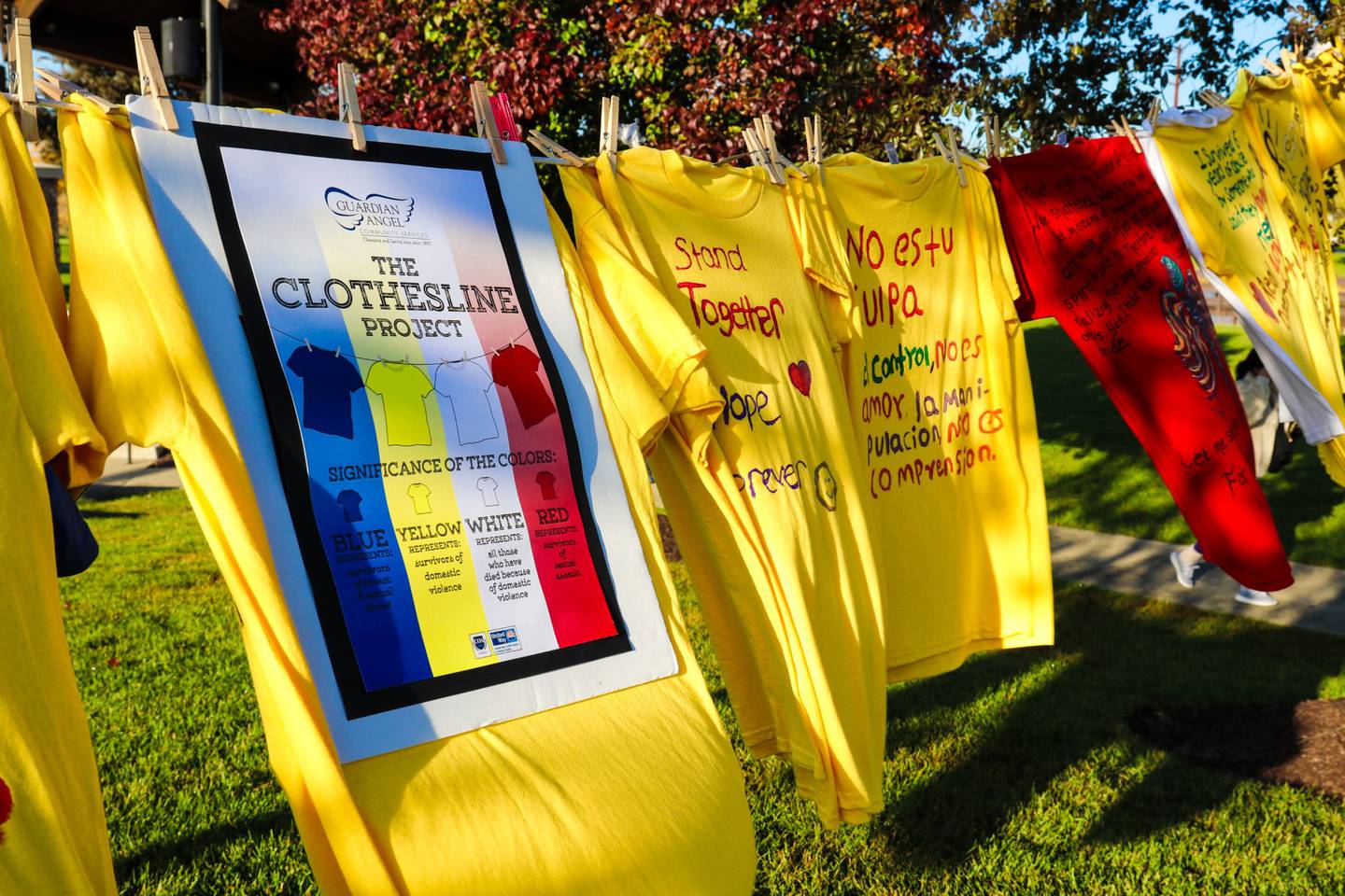 As part of its advocacy for victims of domestic and sexual abuse, Guardian Angel also participates in the Clothesline Project, which began 1990 in Massachusetts. Survivors and their families write messages on color-coded T-shirts and then hang them on a clothesline, which Guardian Angel displays to foster education, artistic expression and healing.