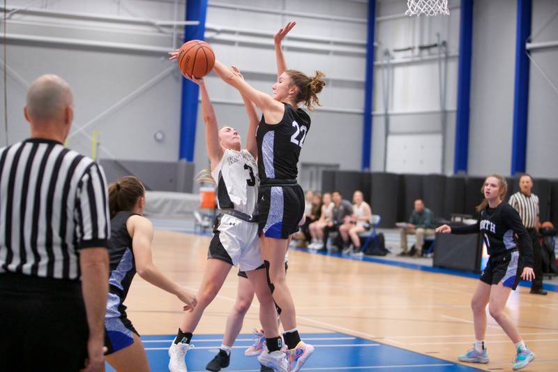 Kaneland's Lexis Schueler has shot blocked by St. Charles North's Katrina Stack at the Central Girl's Basketball Thanksgiving Tournament on Wednesday,Nov. 16, 2022 in Burlington.