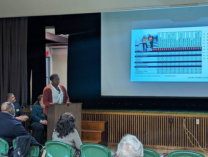 Tamara Mitchell, assistant superintendent for business and financial services for District 86, explained during an information meeting at Gompers Junior High School in Joliet on Monday, Dec. 12, 2022, the need to build a new Gompers and a new Hufford Junior High School.