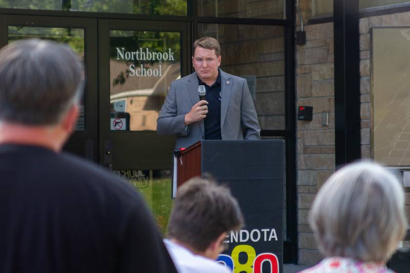 State Rep. Bradley Fritts, R-Dixon, speaks on Thursday, July 18, 2024, at Northbrook Elementary School about the district's new solar project.