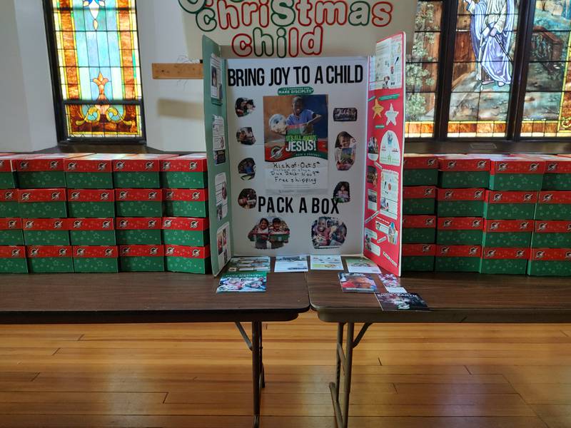 Pictured are shoeboxes that were assembled by Jack and Gerri Henze and Linda Oleson for Plano Methodist Church congregation members to fill.  Boxes are due at the church on or before Nov. 9, 2025.