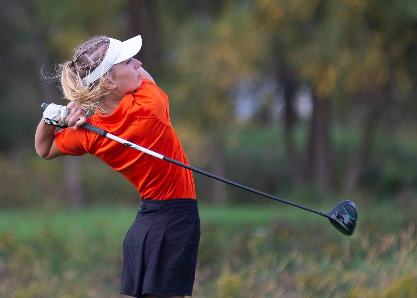 Emily Charles from St. Charles East hits a drive off the No. 1 tee in the Girls Class 2A Belvidere Sectional golf tournament on Monday, Oct. 4, 2021 at Timber Pointe Golf Club near Poplar Grove.