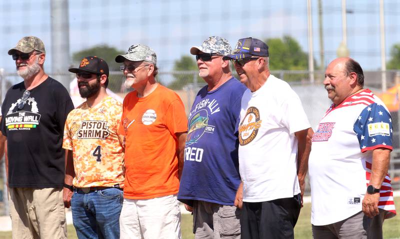 Veterans are recognized before the Illinois Valley Pistol Shrimp game honoring Veterans on Thursday, July 3, 2025 at Schweickert Stadium in Peru.