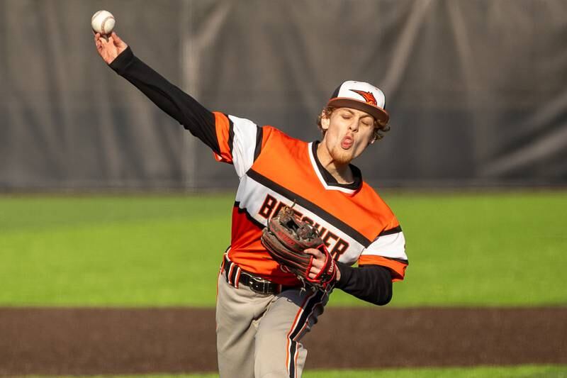 Nolen Lane (34) of Beecher pitches on Friday, April 11, 2025 at Seneca High School in Seneca.