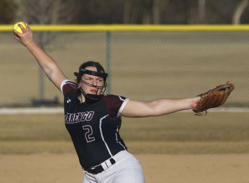 Marengo's Ellie White throws a pitch during a nonconference softball game against Jacobs on Monday, March 9, 2026, at Marengo High School.