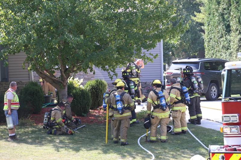 Malden and Spring Valley firefighters work the scene of a house fire in the 600 block of Celebration Dr. on Monday, Aug. 28, 2023 in Princeton.