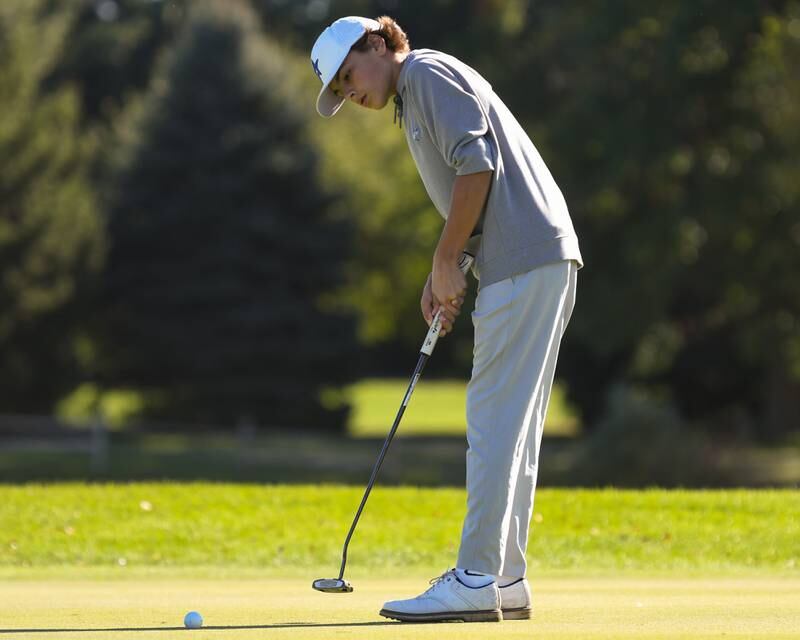 St. Charles North's Caden Shanahan putts on Monday Oct. 7, 2024, during the 3A sectional match held at Blackberry Oaks Golf Course in Bristol.