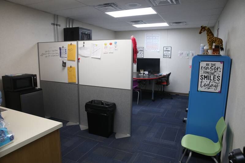 A view of a small teachers lounge inside the mobile classroom of Waltham School on Thursday, March 27, 2025 in Utica.