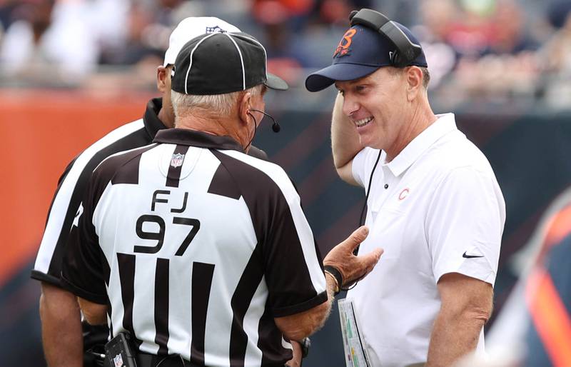 New Chicago Bears head coach Matt Eberflus talks to the officials during their preseason game against Kansas City Sunday, Aug. 13, 2022, at Soldier Field in Chicago.