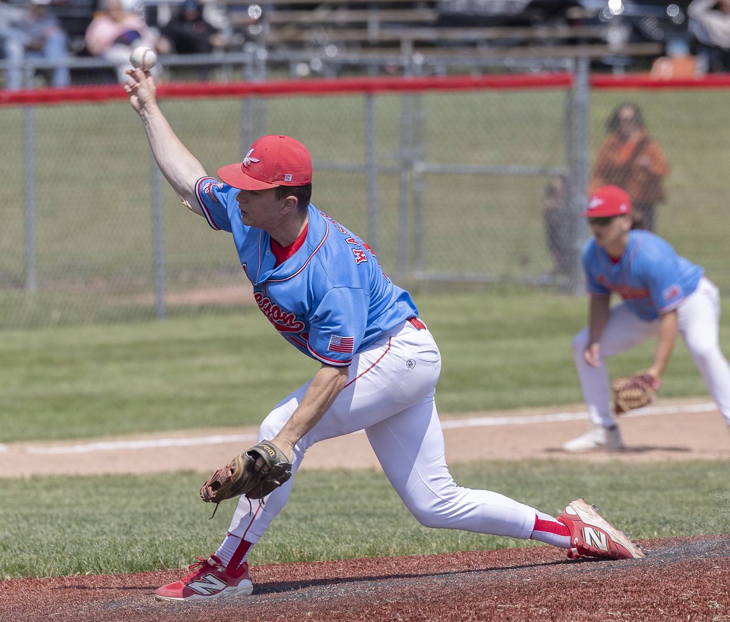 Oregon’s Jack Washburn fires a pitch against Byron Saturday, May 24, 2025, in the Stillman Valley Class 2A Regional final.