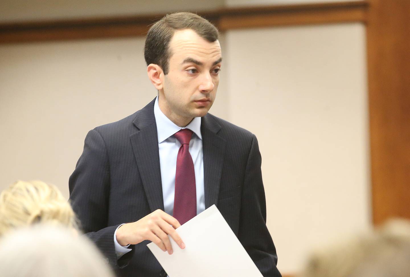 Lead prosecutor attorney Mark Shlifka, presents an exhibit during a mini trial evidentiary hearing regarding the Chester Weger case on Wednesday, May 14, 2025 at the La Salle County Government Complex in Ottawa.