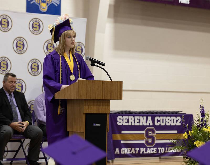 Serena High School valedictorian Nicolette Walsh, addresses her fellow graduates on Saturday, May 24, 2025 at Serena High School..