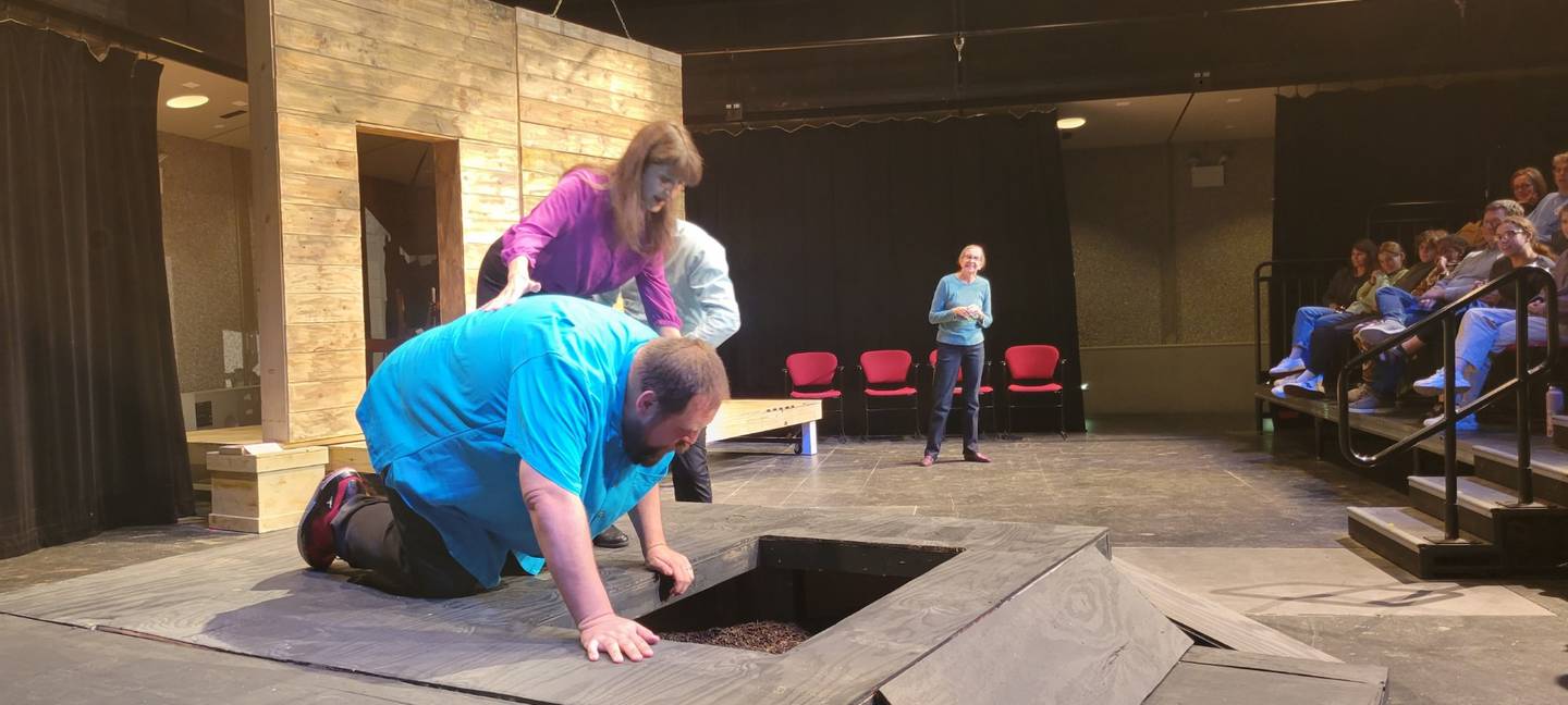 Dave Ebert of Crest Hill (kneeling) performs improv at Trinity Christian College in Palos Heights. Dave Ebert and his wife Bobbie Ebert recently founded Improv Missionaries to improvisation to victims of trafficking and raise awareness of trafficking.