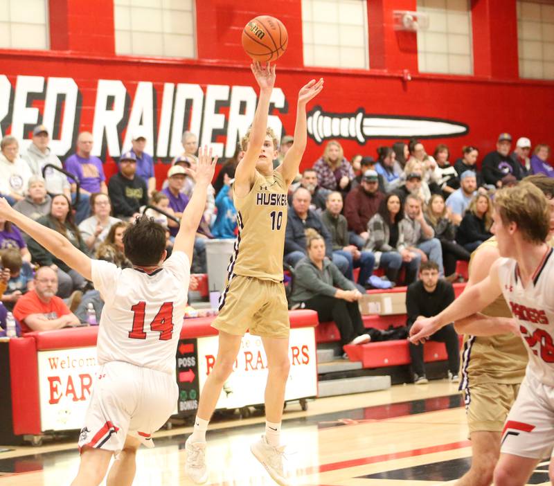Serena's Carson Baker shoots a jump shot over Earlville's Oliver Munoz on Friday, Feb. 9, 2024 at Earlville High School.