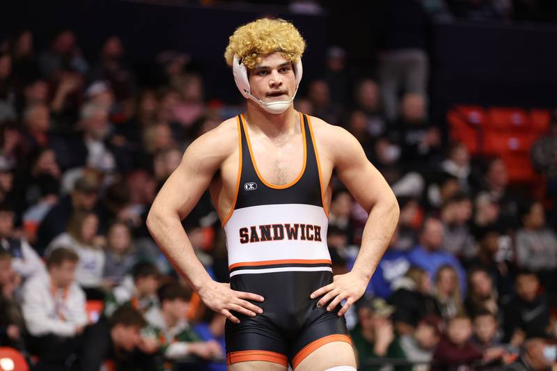 Sandwich’s Alex Alfaro waits for the match to resume against Unity’s Grant Grant Albaugh in the Class 1A 182lb. semifinals at State Farm Center in Champaign. Friday, Feb. 18, 2022, in Champaign.