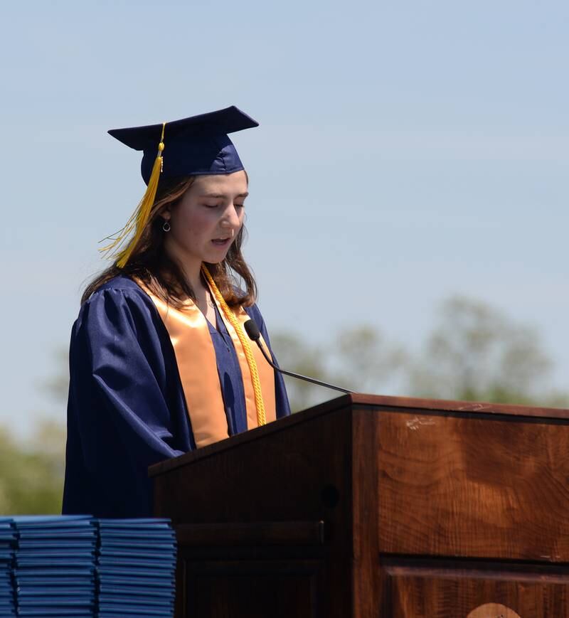 Downers Grove South graduate Margaret Stanley gives the commencement speech during the graduation ceremony Sunday May 21, 2023.