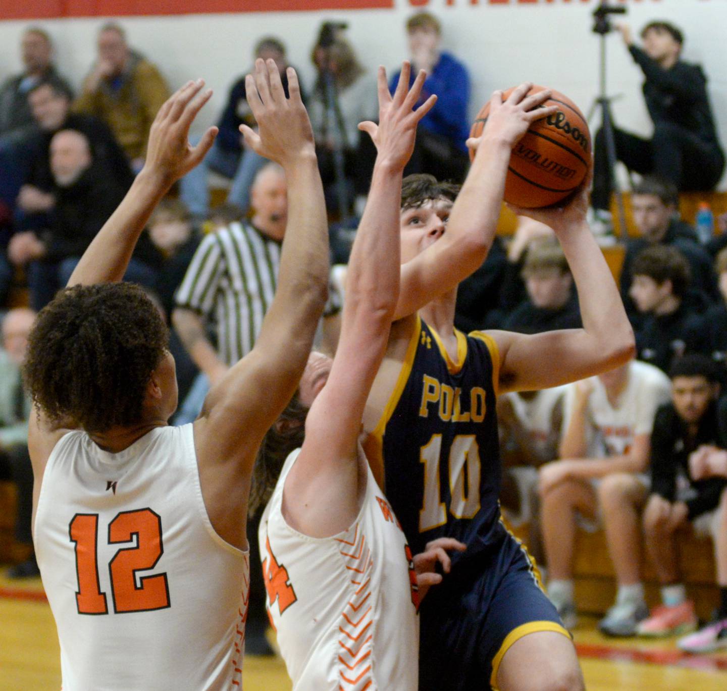 Polo's Carter Merdian  shoots against Winnebago at the 62nd Forreston Holiday Tournament at Forreston High School on Saturday, Dec. 16, 2023.