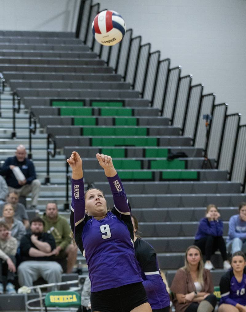 Leah Donnelly sets the ball during Class 2A Regional final on Thursday, Oct. 30, 2025 at Seneca High School.