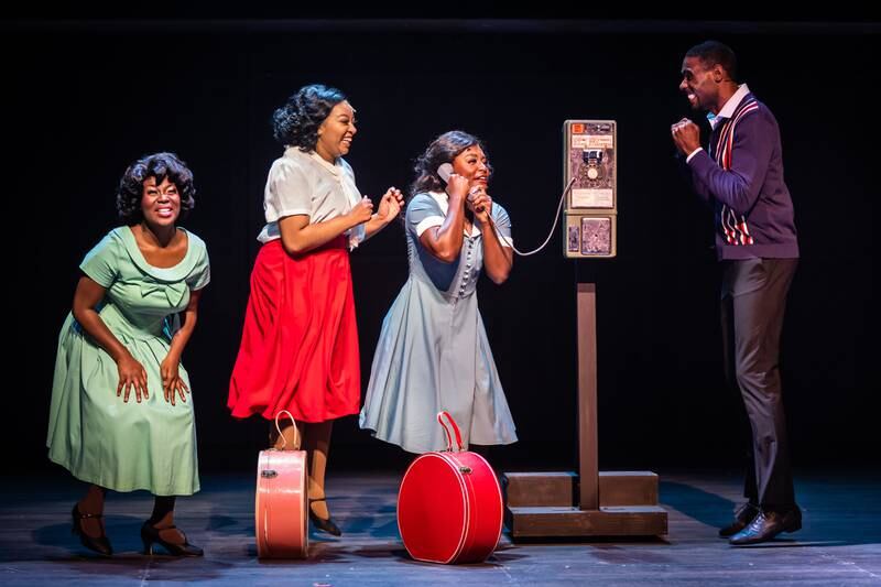 (from left) Mariah Lyttle plays Lorrell, Naima Alakham is Effie, Taylor Marie Daniel plays Deena, and Denzel DeAngelo Fields is C.C. White in Dreamgirls, Paramount Theatre’s 2022-23 Broadway Series opener, playing now through October 16, 2022. For tickets and information, visit paramountaurora.com or call (630) 896-6666. Photo credit: Liz Lauren