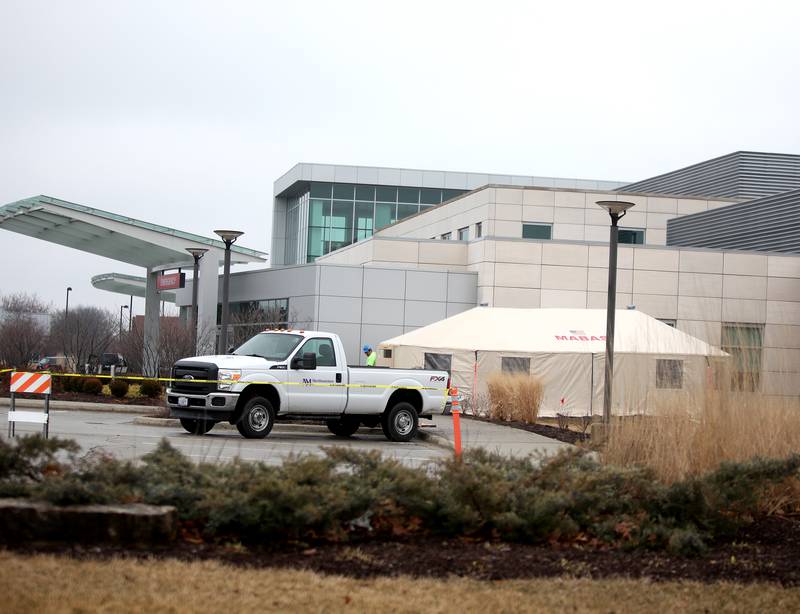 A MABAS tent is erected outside the Northwestern Medicine Delnor Hospital emergency room on March 16.