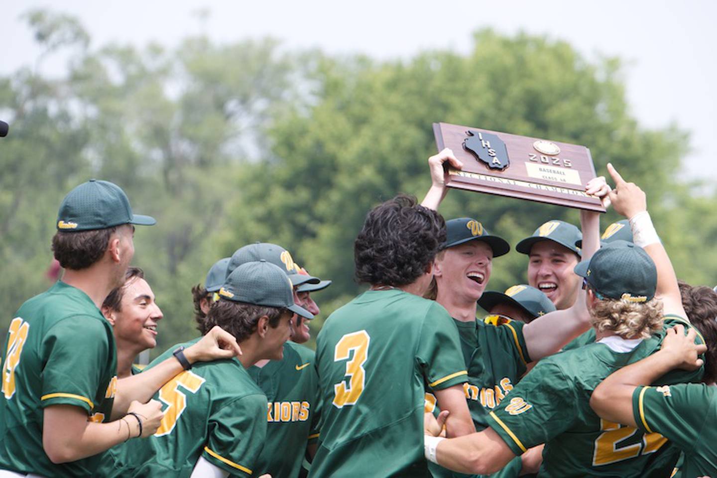 Waubonsie's Nick Lambert raises the plaque in celebration with the win over Downers Grove North at the Class 4A Sectional Final on Saturday, June 7, 2025 in Lockport.