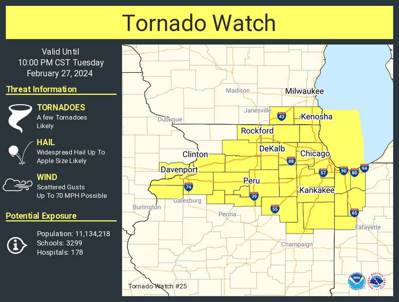 National Weather Service issues tornado watch for northern Illinois