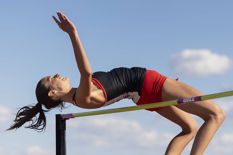 Fulton’s Jordin Rathburn competes in the high jump  Wednesday, May 13, 2026, during the Class 1A Erie Sectional meet.