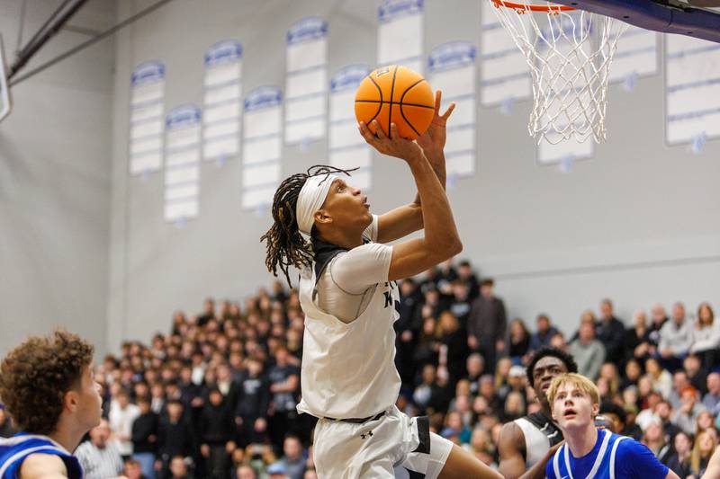 Kaneland's Isaiah Gipson goes in for the layup against Burlington Central at the Class 3A Burlington Central Regional Final on Friday, Feb. 27,2026 in Burlington.