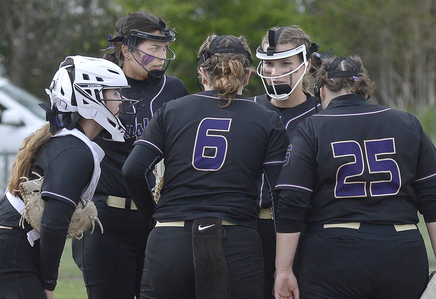 The Serena batter and infield time out after the bases were filled against Newark in the 2nd inning on Monday, May 1, 2023 at Serena High School.